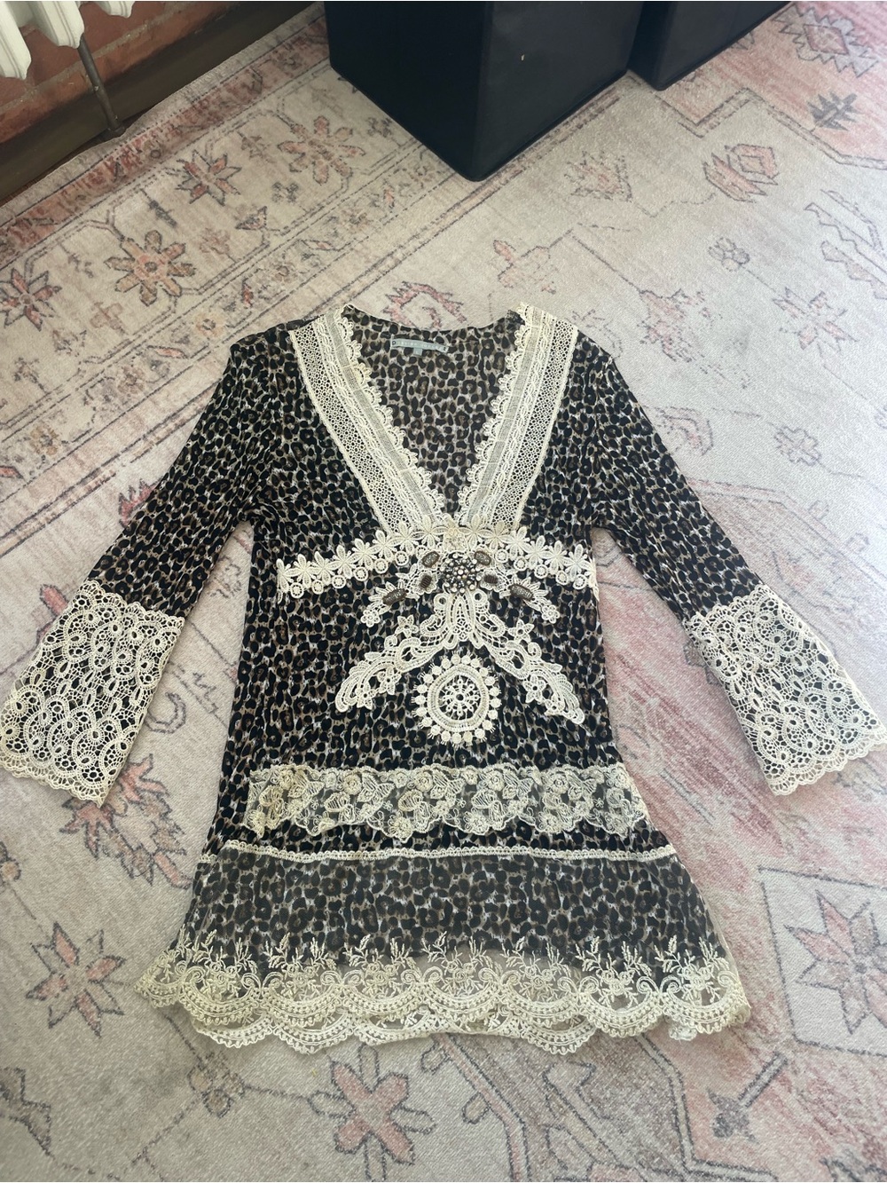 Passion Concept Y2k Lace Leopard Print Mesh Tunic Blouse Womens L